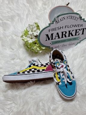 Vans Checkerboard Low-Top Sneakers in Blue, Yellow, Pink & Black
